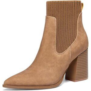 ⚡Women's Light Brown Ankle Boots Sock Pointed Toe Chunky Stacked High Heel